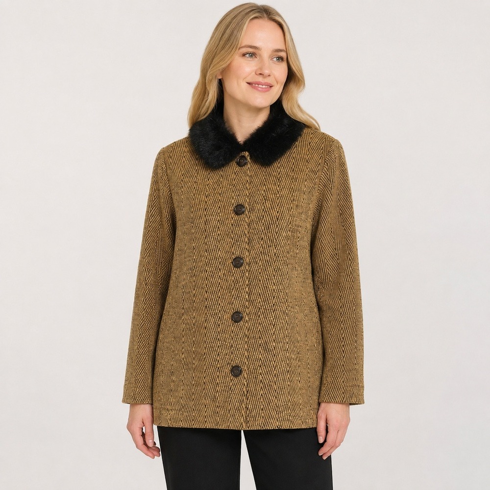 Vintage First Option Women's L Herringbone Jacket Removable Faux Fur Collar